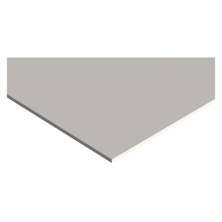 Official Selco product image of a single plasterboard sheet shown at an angle on a white background, grey face uppermost with the pale cut edge visible